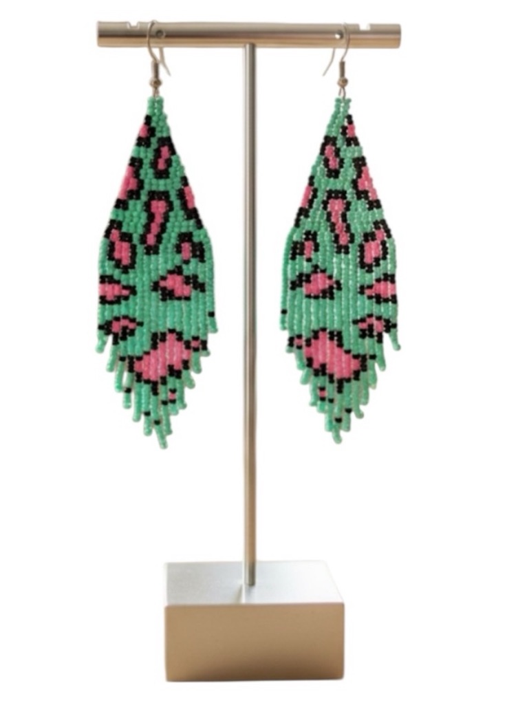Vibrant Mint Pink Beaded Animal Print Statement Earrings Nwt